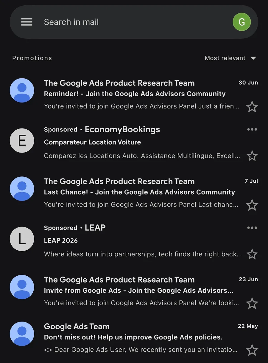 A Sponsored Gmail ad in the mobile Promotions list